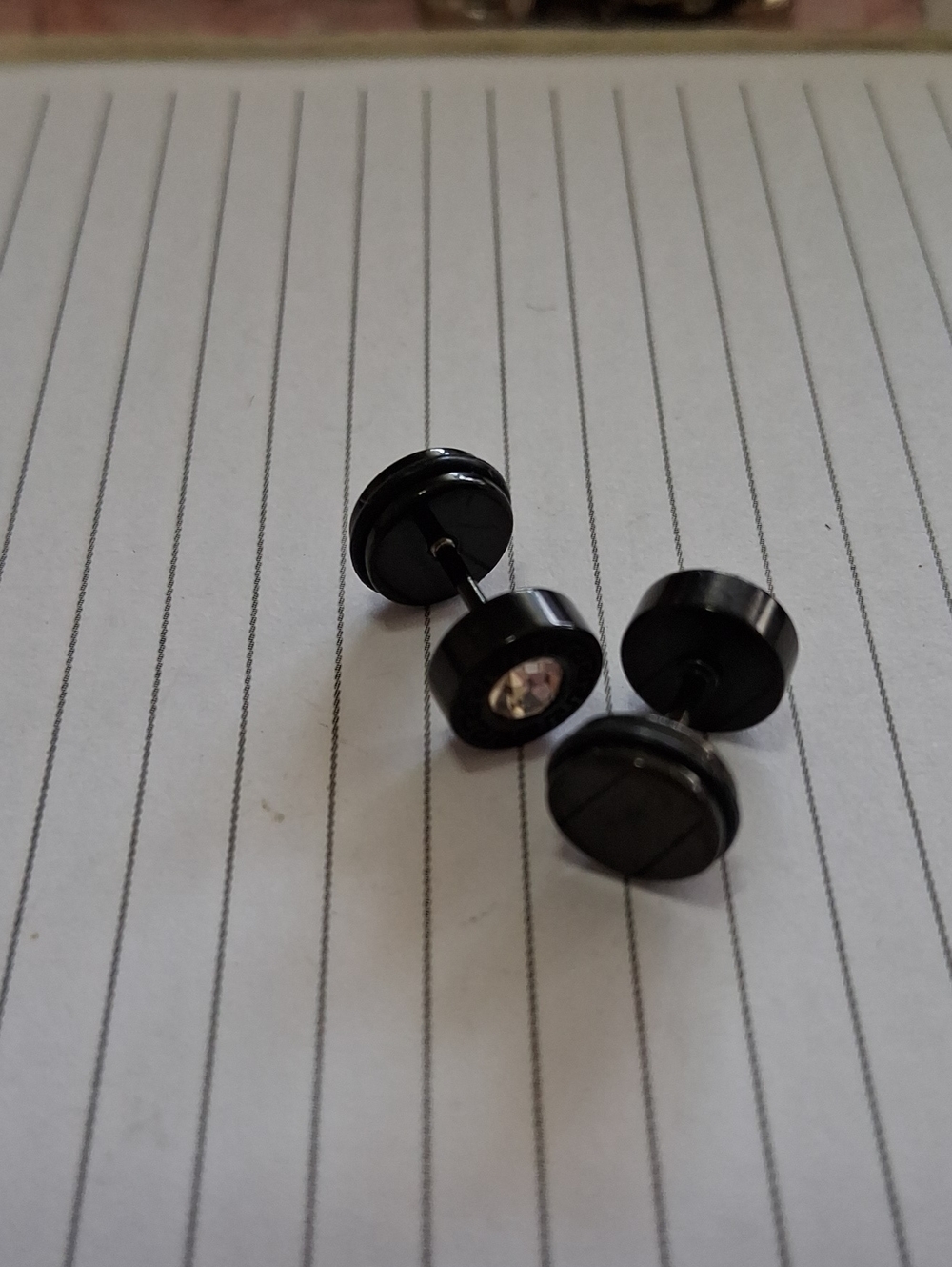 Black Stainless Steel Mens Faux Plug Earrings with Clear Crystal